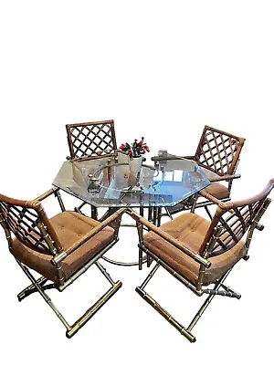1970's Daystrom Brass Faux Bamboo Lattice Rattan Directors Arm Chairs Dining Set • $2400