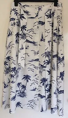 £0.99 • Buy White & Blue Skirt Size 14 Tropical Island Print Pockets Rockabilly Vintage