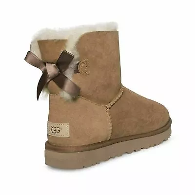 Ugg Mini Bailey Bow Ii Chestnut Suede Sheepskin Ankle Boots Size Us 8/uk 6.5 New • $117.99