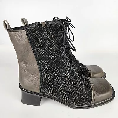 NAOT Hudson Black Tweed / Grey Leather Steampunk Lace Up Boots Women's 39 / 8 • $49.49