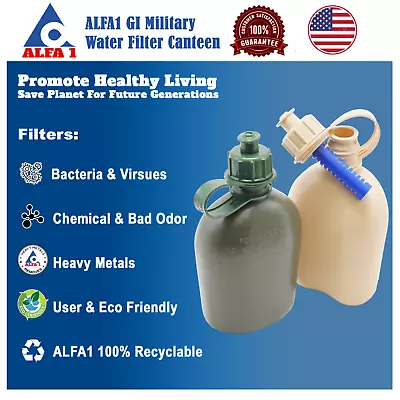 ALFA1 GI Military Water Filter Canteen + 1 ALFA1 M01 Water Filter Cartridge (OD) • $31.95