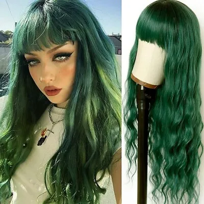 Green Wigs For Women Long Wavy Hair Green Body Wave Wig With Bangs Synthetic USA • $18.04