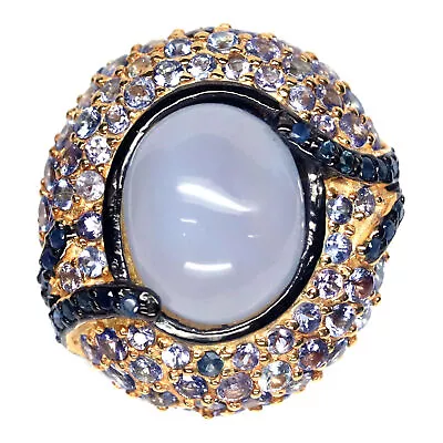 Unheated 12 X 15 Mm. Lavender Chalcedony & Tanzanite Ring Silver 925 Sterling • £259.19