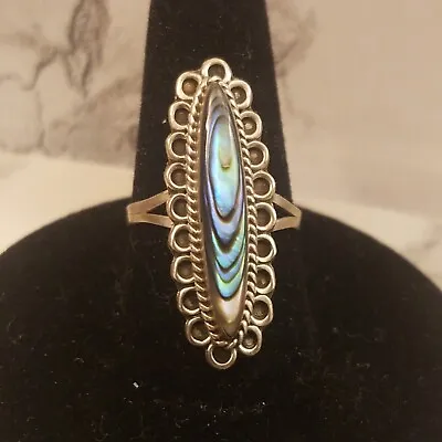 Vintage Sterling Silver Mexico Abalone Elongated Ring Filigree Setting Size 6 • $25