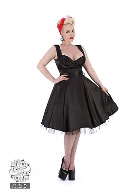 H&R LONDON BLACK SATIN MARILYN 50s PINUP ROCKABILLY VINTAGE PARTY PROM DRESS • $42.46