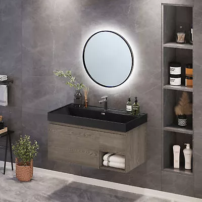 36In Wall Mounted Floating Cabinet 2 Drawers Bathroom Vanity Acrylic Black Basin • $257.44