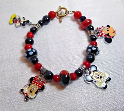 Minnie & Minnie Mouse Charm Bracelet 9.25 Silver Charm Centers Red Black • $69.99