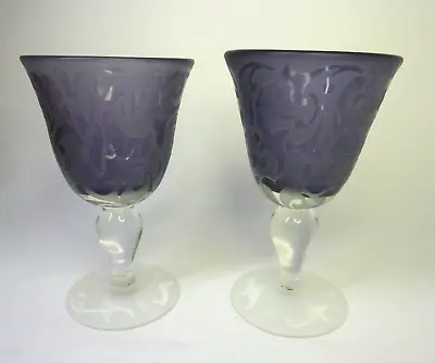 Michael Weems 2004 Amethyst Frosted Glass Goblet Bulbous Stem Pair Set Look/Read • $24.35