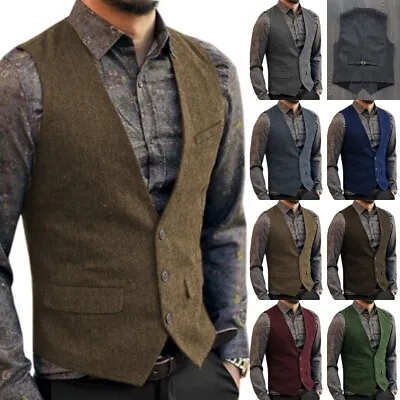 Mens Vintage Tweed Waistcoat Retro Groom Bestman Business Wedding Vests 42 44 48 • £23.98