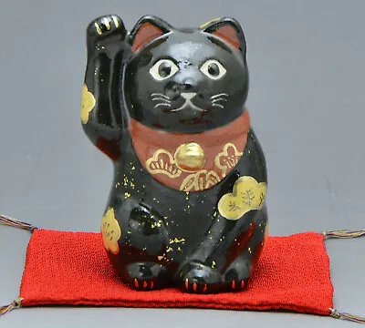 KYO KIYOMIZU YAKI WARE Maneki Neko Lucky Beckoning Cat KYOTO Japan H4.1in BL • $76