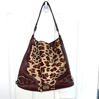 Michael Kors Purse Calf Hair Brown Leather Leopard Print Top Handle Gold Accent • $74.99