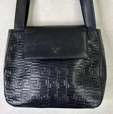 Vintage Gianni Versace Logo Embossed Pattern Shoulder Bag Black Napa Leather • $199.99