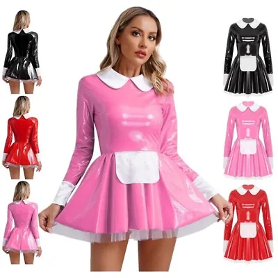 Women's French Maid Cosplay Costume Patent Leather Long Sleeves Dress And Apron • $13.89