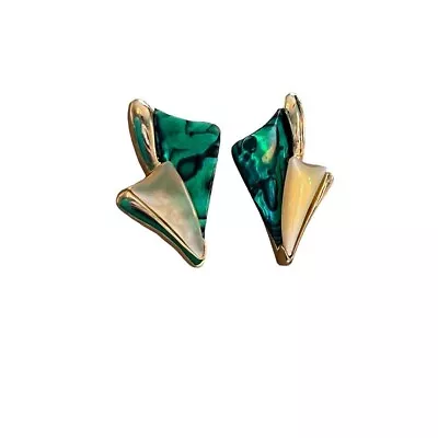 Vintage Goldtone Post Earrings Green Malachite(?) Mother Of Pearl Pierced • $16.15