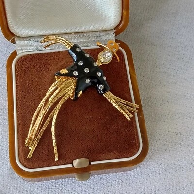 $12.80 • Buy Vintage Enamel Rhinestones Black Gold Scarecrow Brooch Orange Hat Chain Tassels