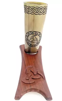 Odin's Triple Horn Engraved Beer Ale Viking Drinking Horn With Wooden Stand • $75.49