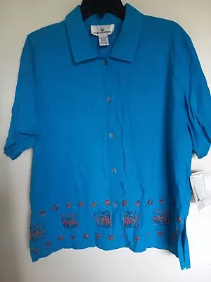 ERIN LONDON Short Sleeve Blue W Embroider Detail Button Front Silk ShirtSz L NW • $17.09