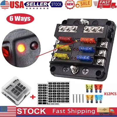 6 Way Car Boot Power Distribution Blade Fuse Holder Box Block Panel Board 12-24V • $5.57