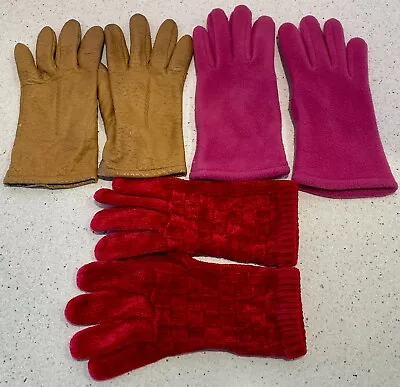 Lot Of Ladies Vintage Gloves 3 Pairs Leather Knit Preston & York Fownes Pink Red • $8