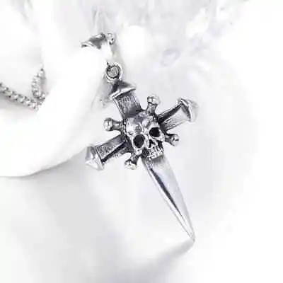 Viking Skull Dagger Cross Shaped Pendant Necklace • $6