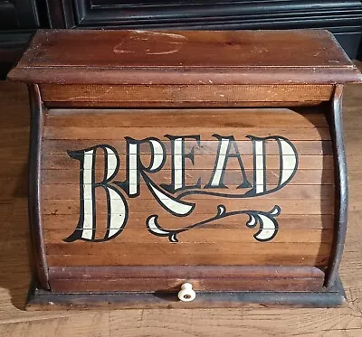 VTG Wooden Roll Top Bread Box Country Kitchen W/Word  BREAD  On Front • $40.50