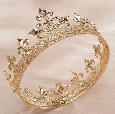 Round Full King Gold Metal Hair Crown Rhinestone Crystal Fleur-De-Lis Men's H919 • $25.99