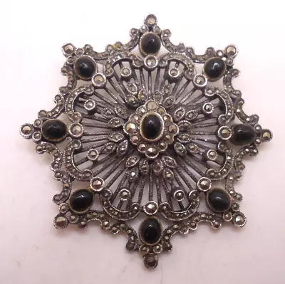 Sterling Marcasite And Onyx Snowflake Shaped Brooch Vintage • $10