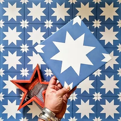 £3 • Buy TILE SAMPLES: Kenifra Blue Star Moroccan Porcelain Wall & Floor Tiles