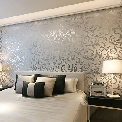 10M 3D Silver Grey Glitter Damask Embossed Wallpaper Roll TV Background Decor  • £8.95