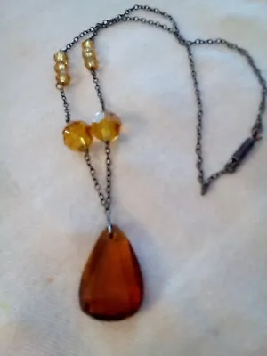 Old Glass Edwardian Pendant Necklace. Amber Glass. • £12