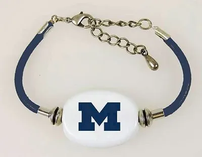 Fenton Collegiate Logo Leather Cord Bracelet Michigan Wolverines NCAA Glass Bead • $45