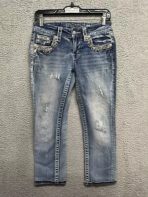 Miss Me Capri Jeans Size 26 Blue Denim Distressed Bling Thick Stitch Dark 24x23 • $6.25