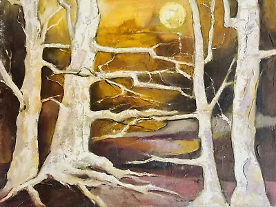 Mid Century Modernist Woods Landscape Painting Signed Dated 1974 • $90