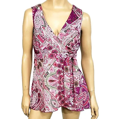 AB STUDIO Top Women's Sz LARGE Pink Paisley Print Faux Wrap Lined Tunic Blouse  • $9.99
