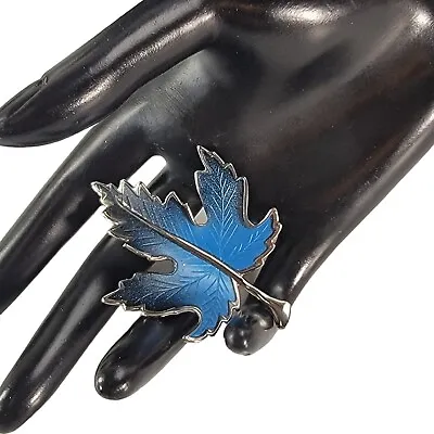 Vintage Maple Leaf Brooch Pin Autumn Blue Enamel  Silver Tone  Women's Jewelry • $15
