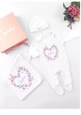 Pink Butterfly Wreath Personalised New Baby Girl Babygrow • £35.99