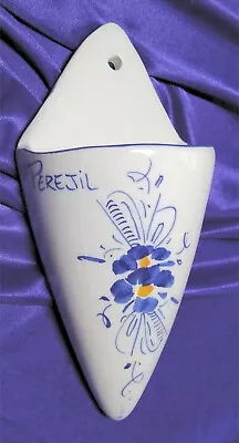 Spanish Parsley (Perejil) Slender White Wall Vase Painted Blue Flower Design • £25