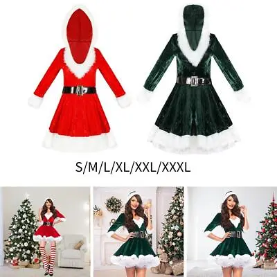 Women's Miss Santa Suit Hooded Dress Hoodie Outfits Dense Velvet Fancy Dress • £15.78