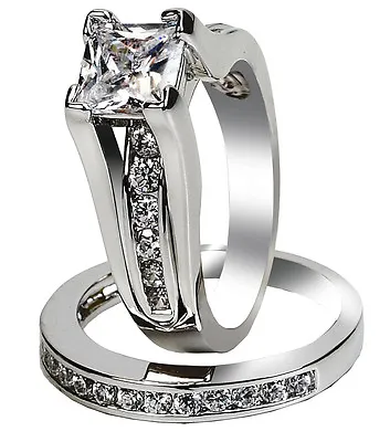 Women's Stainless Steel Princess Cut Top CZ Wedding Ring Set Size 5-11 • $17.49