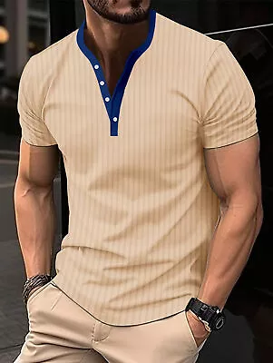 Men's T-Shirt Slim V-neck Shirts Fashion Sports Short Sleeve Casual Button Tops • $19.60