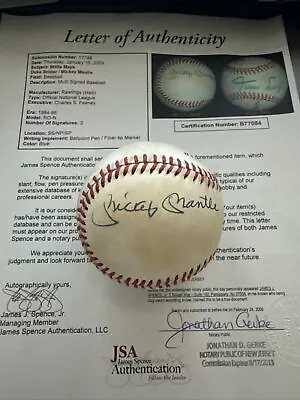 Mickey Mantle Willie Mays Duke Snider Signed ONLB Baseball. Full JSA LOA • $299.69