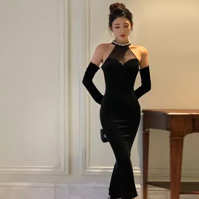 Korean Women Halter Velvet Fishtail Party Cocktail Ball Gown Sheath Shift Dress • $31.91