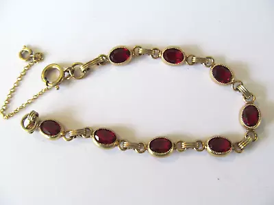 VINTAGE GOLD FILLED 12k EIGHT FACETED GARNET RED CRYSTALS LINKED BANGLE BRACELET • $49.99