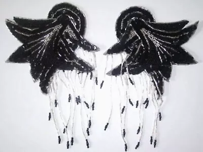 Vintage Pair Black Sequin/Silver Bead Fringed Epaulet Applique 5  X 9 1/2  SQ-44 • $14.99