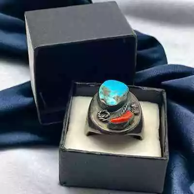 Vintage Men's Turquoise & Red Coral Sterling Silver Chunky Ring Size 13 ~ 28.2g • $139.99