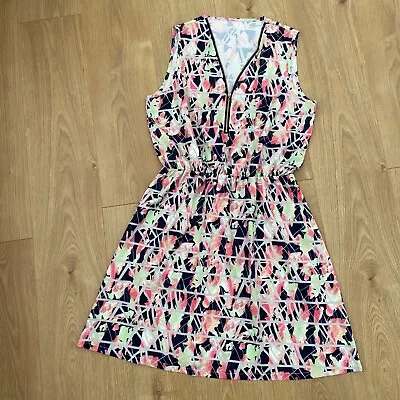 Multicoloured Summer Dress With Front Zip And Elastic Waist UK 14 • £3.99