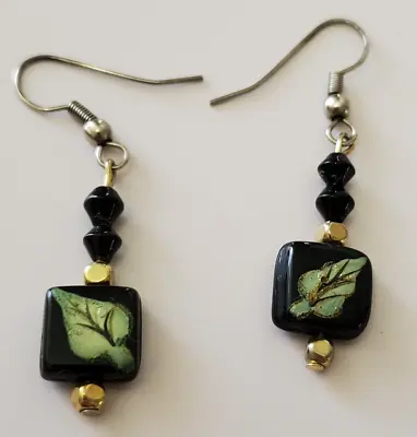 Murano Glass Earrings Black Venezia Green Leaf Design Goldtone Square Hook Dangl • $12.74