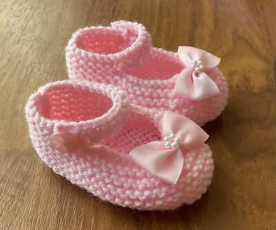 £2.99 • Buy Hand Knitted Baby Shoes /booties Pink With Bows (0-3 Months)