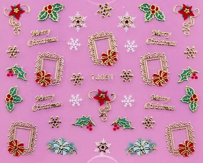 Merry Christmas Holly Poinsettia Frame Bow Snowflakes 3D Nail Art Sticker TJ051 • $2.74