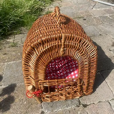 £38 • Buy Vintage Natural Wicker Toy Pet Carrier Basket With Red White Gingham Cushion